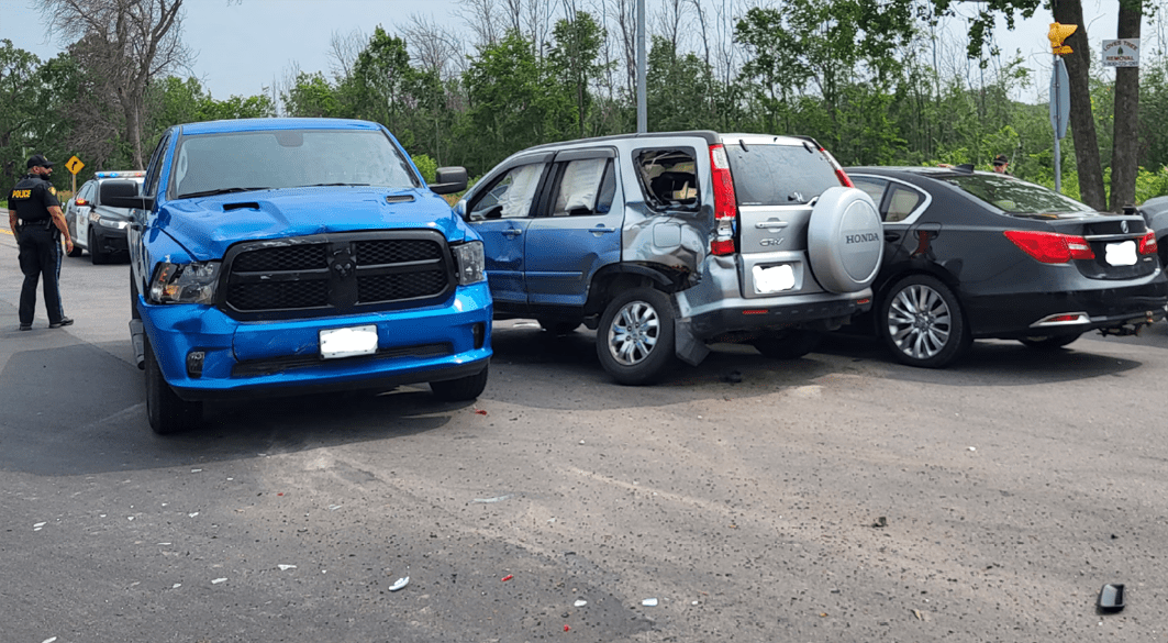 <p>CANADA DAY CRASH  Prince Edward OPP charged a 47 year old motorist from Sainte-Therese, Quebec  with failure to yield in this multi-car pile up on July 1.  (Prince Edward OPP photo)</p>

