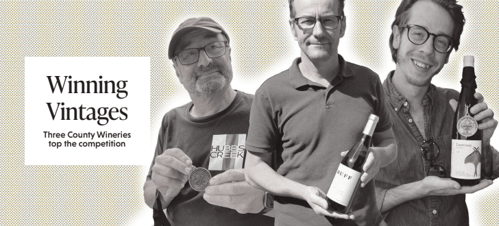 <p>Gold medal winners of WineAlign’s 2023 National Wine Awards of Canada: From left, Battista Calvieri of Hubbs Creek Vineyard, Frédéric Picard of Huff Estates Winery; Chris Thompson of<br />
Lighthall Vineyards — (Chris Fanning and Jason Parks/Gazette Staff)</p>

