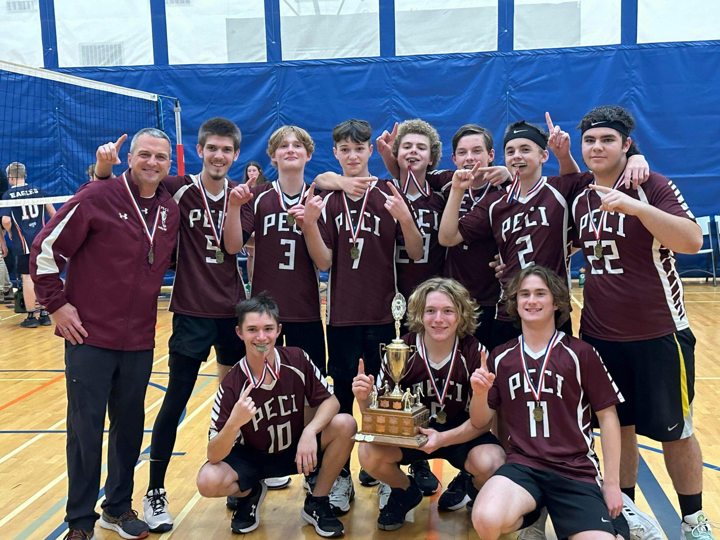 <p>The 2023 Bay of Quinte Jr. Boys Volleyball champions from PECI. (From Left) Coach Andrew Holmes, Emerson Blakely, Malcolm Gregor, Grady Holmes, Avery Longwell, Josh Spencer, Will Bolton, Kieran Craig, (Bottom) Ethan Thompson, Cameron Billing and Jake Banfield. Missing was Kaden Koutroulides (Submitted Photo)</p>
