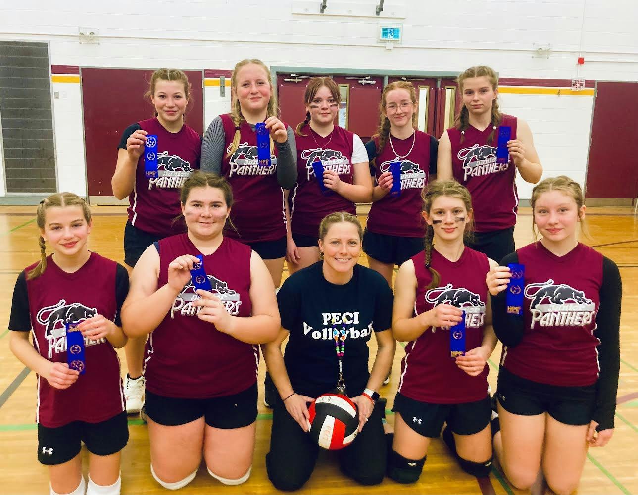 <p>The PECI Panthers elementary girls volleyball team came home with silver medal finish at the 2023 HPEDSB championships in Bancroft earlier this month. Team members include: (Back row from left) Kensey Koutroulides, Maeve Burkitt, Annabelle Brough, Chanell Ennis, Averie Cole (Front)  Rowan Holmes, Callie Craig, coach Heather Egan , Blythe Everhardus, and Lilee Daynard.<br />
(Submitted Photo)</p>
