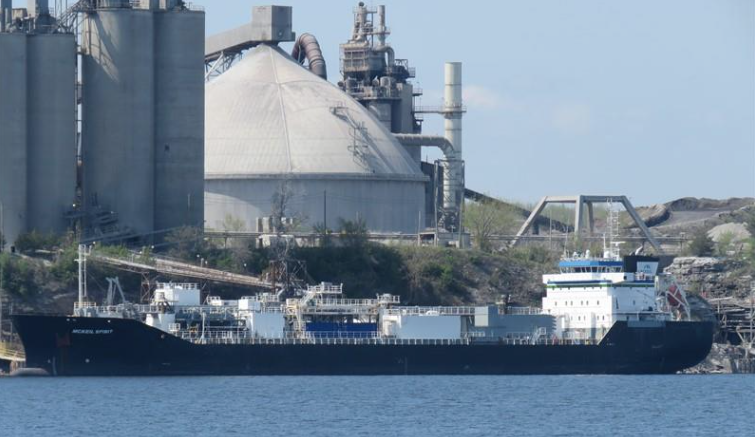 <p>The McKeil Spirit docked at Lehigh Cement Company&#8217;s Picton plant in May, 2018. (Photo courtesy of Brian Arnold)</p>
