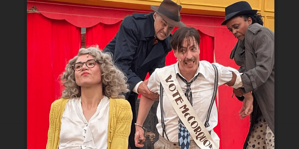 <p>Four actors perform over 100 roles in the County Stage Company’s production of Patrick Barlow’s The 39 Steps.     (Karen Valihora/Gazette Staff)</p>
